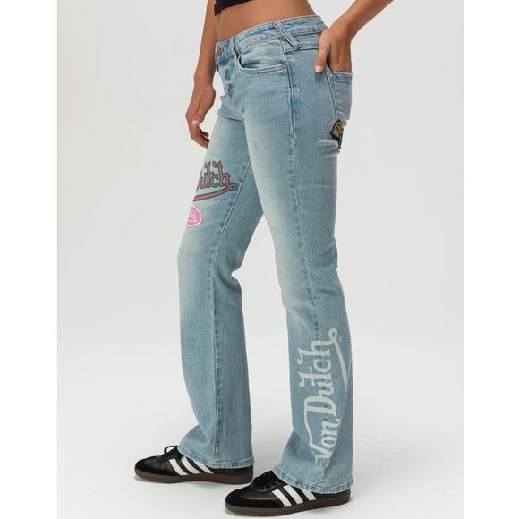 NWT Y2K Von Dutch Low Rise Bootcut patch Embroidered Jeans size 27. - Picture 3 of 15